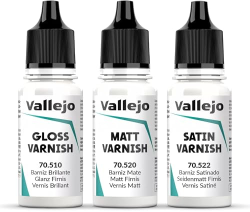 Vallejo Acrylic Resin Varnish Set – Gloss, Matt & Satin Finishes, 18ml Dropper Bottles – Fast-Drying Protective Coat for Miniatures & Scale Models