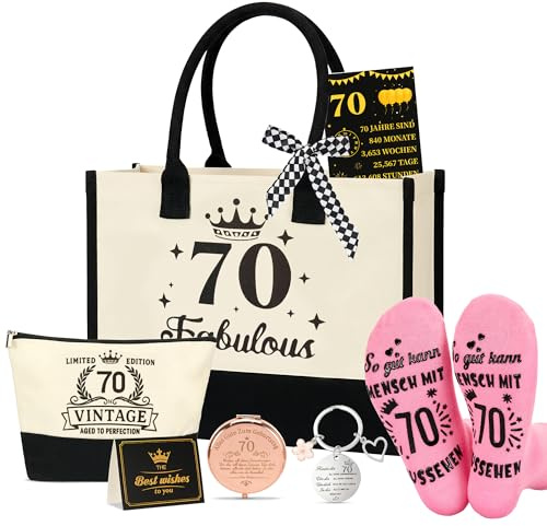 Geschenk zum 70. Geburtstag Frau – Vintage N°70 Canvas Tragetasche Geschenkset mit Kosmetiktasche, Spiegel, Socken & Schlüsselanhänger – Lustige 70. Geburtstagsgeschenke für Mama Oma