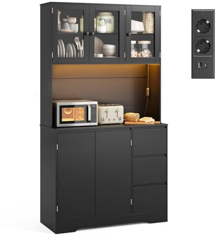 Xbro Alacena de Cocina con LED y Placa Perforada, Armario Cocina con 5 Puertas y 3 Cajones,Armario Cocina Almacenaje para Cocina, Comedor, Salón, 100 x 40 x 180 cm, Negro