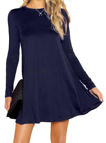 Womens Ladies Long Sleeve Midi Plain Flared A line Skater Swing Dress Jersey Tee, Navy, 16 UK