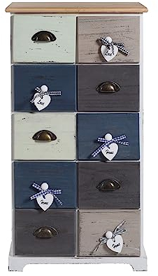 Rebecca Mobili Schubladenschrank mit 10 Schubladen, Kommode im Vintage-Stil, Paulownienholz, Weiß Blau Grau, für Schlafzimmer Eingang Flur – Maße: 88 x 48 x 30 cm (HxLxB) - Art. RE4485