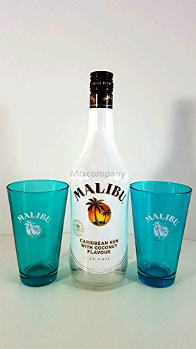 Malibu Caribbean Rum/Likör 0,7l 700ml (21% Vol) + 2x Gläser 2cl geeicht, Hellblau