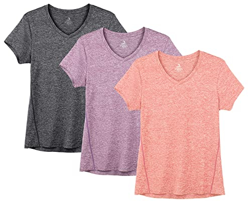 icyzone Damen Sport Fitness T-Shirt Kurzarm V-Ausschnitt Laufshirt Shortsleeve Yoga Top 3er Pack (XXL, Charcoal/Lavender/Peach)