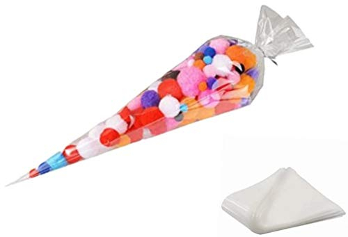 CHSYOO 100 x Transparent Cone Plastic Bags Wedding Party Favor Bags Birthday Party Favors Flat Bag with Gold Ribbon for Biscuits Candy Fruit Gums