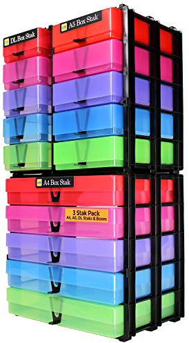 WestonBoxes Drawer Stak Storage Units, 3 Stackable units A4, A5 & DL Crafting Storage Solution including boxes (Multicoloured)