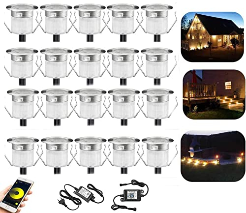 FVTLED 20er WIFI Dimmbar LED Bodeneinbauleuchten Einbaustrahler Arbeitet mit Alexa,IFTTT,WiFi Wireless Smart Phone, Ø30mm 0.6W IP67 Wasserdicht LED Einbaustrahler Außen Full Kit Wlan Dimmen Warmweiß