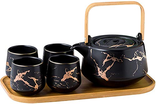 KKGUD Japanischer Stil, Keramik-Teeset, elegante Teekanne und 4 Teetassen mit Holztablett für Nachmittagstee, Heimdekoration, Restaurant, Teeparty, Marmor-Muster (schwarz)