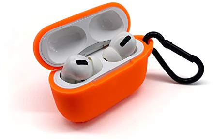 KNOK AirPods Hülle Silikon Kompatibel mit Apple AirPods Pro - AirPods Stoßfeste Silikonhülle Schutzhülle mit Karabiner in Orange [Front-LED Sichtbar/Unterstützt Kabelloses Laden]