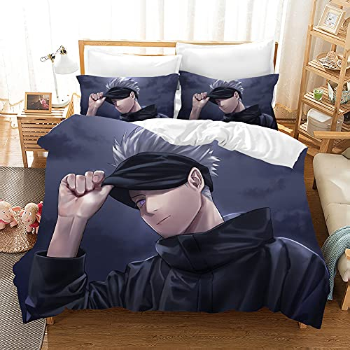 PTNQAZ Anime Jujutsu Kaisen Bettwäsche-Set für Jungen, 3D-gedruckte Bettbezüge mit Kissenbezügen, Kinder-Bettwäsche (Einzelbett)
