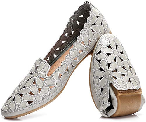 HEAWISH Women's Floral Ballet Flats for Women Black Beige Slip On Flowers PU Leather Round Toe Dress Shoes, Grey, 6.5 UK