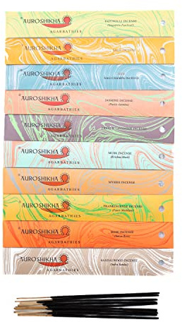 Auroshikha - 100 Räucherstäbchen - Set mit 10 Düften: Patschuli, Salbei, Nag Champa, Jasmin, Lavendel, Moschus, Myrrhe, Oliban, Rose, Sandelholz