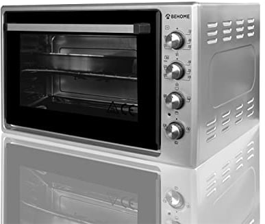 BEHOME Forno Elettrico Ventilato 70 litri con Girarrosto, Autopulente e Smaltato, Temperatura fino a 320° Doppio Vetro con Luce Interna e Timer 1 Girarrosto 2 Teglie e 1 Griglia (Grigio)