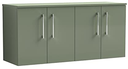 nuie ARN823W2 Arno Modern Bathroom Wall Hung 4 Door Double Vanity Unit with Colour Worktop, 1200mm, Satin Green