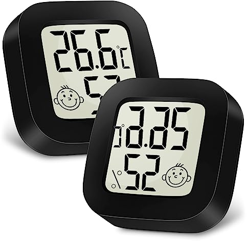 Ainiv Igrometro Termometro Digitale, 2 Pezzi Mini Igrometro Termometro con Emoji per Interni, Termometro Ambiente LCD grande da, Monitor di Temperatura e umidità per Casa, Serra, Stanza, Ufficio, Nero