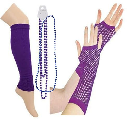 Neon Long Fishnet Gloves Mardi Gras Beads, Neon Long Fishnet Fingless GlovesWarmers and Fishnet Gloves Set,Women's 80s Costume Accessories Set, 1980s Fancy Dress Costume Accessories Purple Party