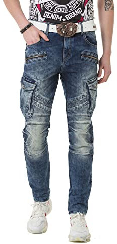 Cipo & Baxx Herren Jeanshose Straight Fit Cargotaschen Denim Jeans CD780 Blau W34 L32