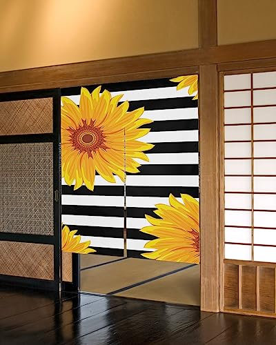 NYCUBE Schwarz-weiß gestreifter Sonnenblumen-Türvorhang, japanische Trennwand, dekorative Vorhänge für den Eingang, hängender Halbvorhang 85x150cm