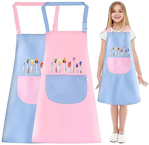 WAIMXDAO 2 Stück Malschürze Kinder, Wasserdicht Malschürze für Jungen Mädchen Verstellbar Kinderschürze Kinder Schürzen Set mit Taschen, für Basteln Malen Backen Kochen (Blau + Rosa)