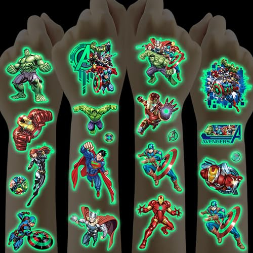 Tattoo Kinder,Avengers Tattoo 12 Blätter,Hautfreundliche Leuchttattoos Jungen Mädchen Wasserdicht Kindertattoos Sticker Superheld Temporäre Tattoos,Mitgebsel Kindergeburtstag Gastgeschenke Party Deko