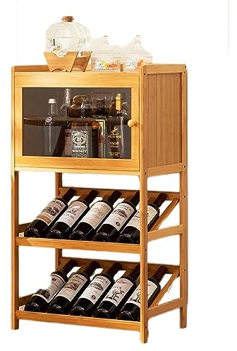 Floor Bamboo Wine Rack Cabinet, Free Standing 15 Bottles Display Storage Shelf, with Storage Cabinet & Glass Holder, Vertical Wine Bar Cabinet Organizer for Kitchen, Pantry, Home Bar ( Size : 3 layer