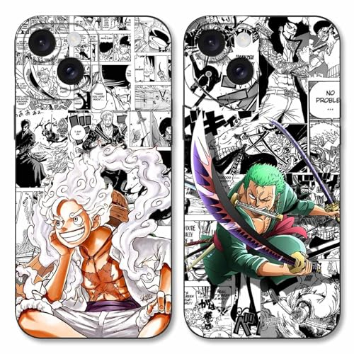 PBNDJVG 2 Stück Handyhülle für Apple iPhone 15 Hülle 6.1'' Anime Luffy Zoro Gear 5 Sun God Nika Muster Design Manga Mode Case Kameraschutz Schutzhülle Stoßfest TPU Silikon Weich Ultra Dünn Schwarz2