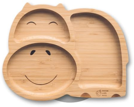 Moon and Moo Nilpferd Bambus Saugnapfteller und Löffel Set für Kinder, Kleinkinder und Baby Entwöhnung - Ungiftig - Plastikfrei - Stay Put - Baby Saugteller - Baby Entwöhnungsset