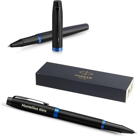 PARKER IM Professionals Vibrant Rings Rollerball Pen with Engraving, Premium Pen, Gift Box, Black Refill, Personalised Gift, Name, Birthday (Blue PVD)