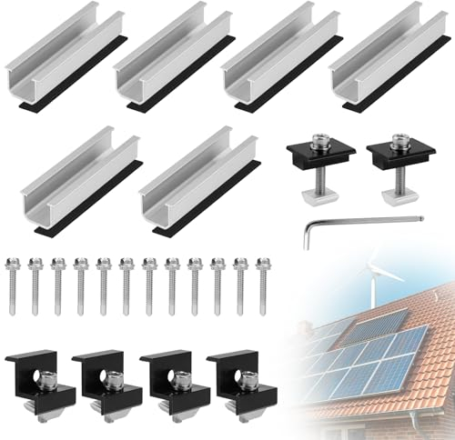 EXLECO 6 x 12cm Solar Halterung Flachdach Montageset Balkonkraftwerk Halterung Solarmodul Flachdachhalterung Photovoltaik Montageschiene Solarpanel Befestigung mit Endklemmen Mittelklemmen 35mm 30mm