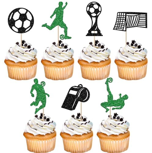Xsstarmi 28 Pack Soccer Cupcake Toppers Glitter Sports Theme Champion Cup Football Soccer Ball Cupcake Picks Soccer Party Cake Decorations for Baby Shower Birthday Party Decors