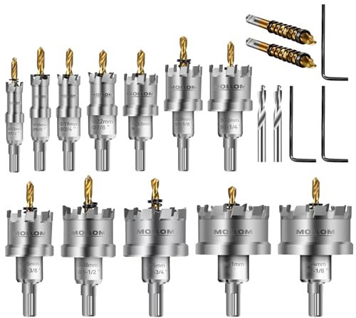 Mollom 12Pièces (13-54mm) Kit de Scies-Cloche en Carbure TCT pour Métaux Durs, avec 2 Forets Pilotes en Titane, 2 Gradués et 3 Clés Hexagonales pour Acier Inoxydable, Fer, Aluminium, Alliages, Métal