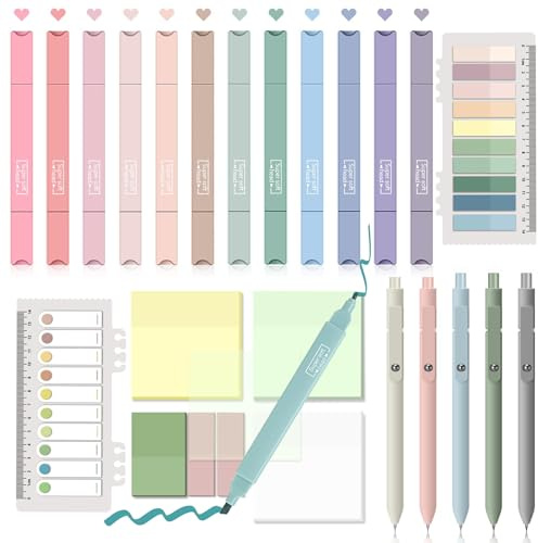 Johiux 12 Textmarker Pastell,5 Gelstifte,700 Blätter Transparente Haftnotizen,Sticky Notes Transparent Marker Stifte für Back to School Aesthetic Bible Marker Book Annotations School