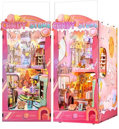 Quanquer DIY Book Nook Kits for Adolescents Filles_Rosa Sweetheart Candy Store 3D Puzzle, Maison de poupées en Bois Miniature Booknok avec LED en Cache-poussière, pour Plus de 14 Ans Cadeau créatif