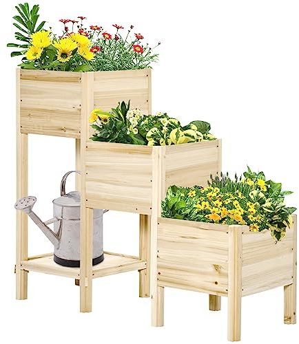 Outsunny Hochbeet 3 Etagen Pflanzkübel Pflanzkasten aus Holz für Balkon Garten 125 x 45 x 108 cm Natur