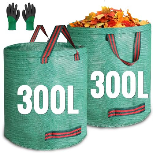 JARDILIFE Garden Waste Bags Heavy Duty 300 300 Litre 2 Pack, Reusable Sacks with 1 Pair of Gardening Work Gloves, Tools Bags for Garden Waste Plant Waste Grass Leaves (300L*300L)
