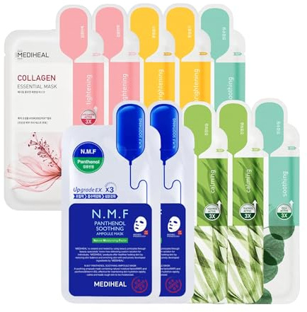 Mediheal Gesichtsmasken Set – 10 Stück (5 Sorten je 2 Stück) – Vita, Tea Tree, Madecassoside, Collagen & N.M.F Retinol – Feuchtigkeitsspendende, beruhigende & straffende Tuchmasken aus Korea