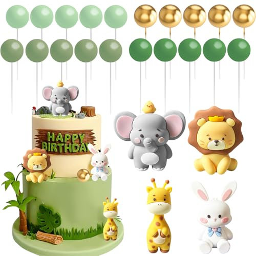 Demarsen 24 Stück Tortendeko Tiere 1 Jahre Kuchendeko Tiere Cake Topper Safari Kuchen Dekorationen mit Bunte Kugeln Dschungel Geburtstag Deko für Party Kinder Mädchen Baby Shower