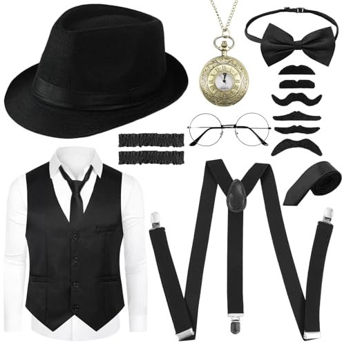 Moiuguli 20er Jahre Kostüm Herren Weste mit Accessories, Mafia Kostüm Herren, Peaky Blinders Kostüm, Gangster Kostüm für Karneval Partys(L)