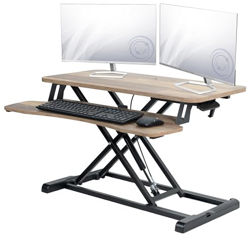 VIVO Schreibtisch-Konverter, K-Serie, höhenverstellbare Sitz-Steherhöhung, Dual-Monitor- und Laptop-Arbeitsplatz mit breiter Tastaturablage, Platte aus recyceltem Holz, schwarzer Rahmen, DESK-V000KP,