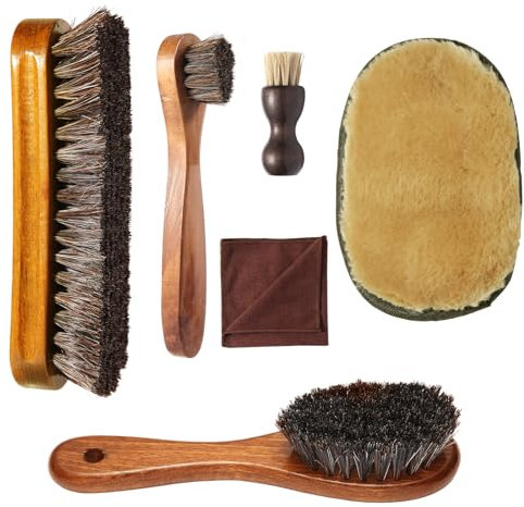 Set di 6 spazzole per scarpe, spazzola in crine di cavallo per lucidare le scarpe, 4 pennelli applicatori per lucidare le scarpe + 1 guanto per lucidare le scarpe, 1 panno in microfibra per la pulizia