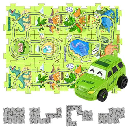 Puzzle-Racer-Autobahn-Set, Puzzle-Bahnen mit Fahrzeugen - Lernspiele Puzzle Triebwagen,Bauspielzeug Dinosaurier-Thema, Auto-Spielset, Puzzle-Strecke, Lernspielzeug, Auto-Strecke