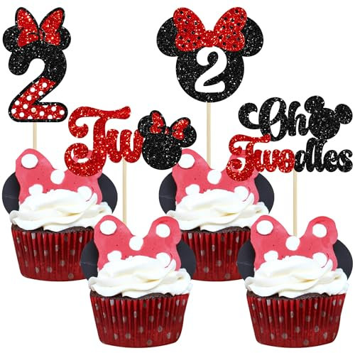 Ephlyn 24Pcs 2nd Birthday Mouse Inspired Cupcake Toppers Second Birthday Party Decorations Red Bow Two Oldes Mini Cupcake Picks for Baby Shower 2nd Birthday Party Cake Decorations Black Red