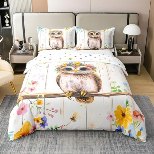 Homewish Eule Bettwäsche 135X200 Baumwolle Kinder, Cartoon Zootier Bettbezug Niedlich Für Mädchen Jungen, Ästhetische Blumen Bett Set, Mit 1 Kissenbezug Aesthetic Holzbrett Schlafzimmerdekor