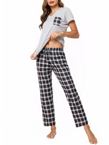 Crewhpo Women's Pyjamas Set Short Sleeve Cotton Pjs Set Soft Loungewear Sleepwear V-Neck Top and Plaid Bottoms with Pockets Grey