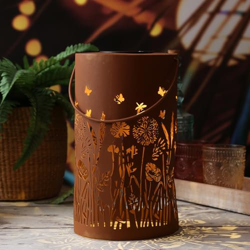 LED Solar Laterne Blumenwiese in Rostoptik Deko Solarleuchte mit Blumenmuster für Draußen Metall Schatten Laterne Deko Gartenleuchte Solarlampe für Außen (28cm)