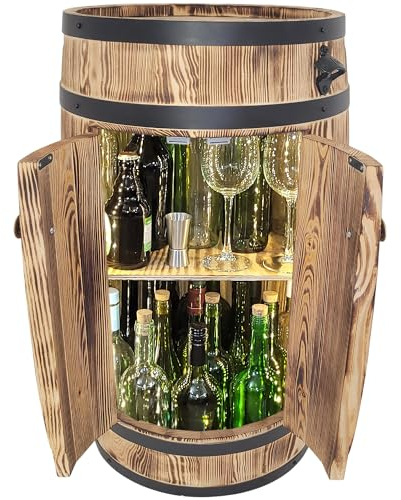 weeco Hausbar aus Holzfass mit LED Beleuchtung und Türen 2 Ablagen für Flaschen rustikaler Stil Alkoholschrank Barmöbel 80x50 cm