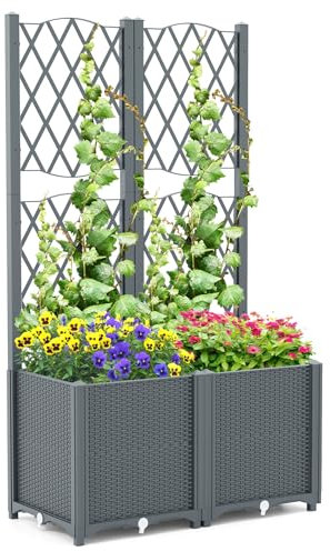 COSTWAY Jardinière avec Treillis sur Pied, Double Bac de Plantation Auto-arrosage en Rotin PP avec Trou de Drainage, Lit de Jardin pour Plantes Grimpantes, Légumes, Fleurs, Gris, 80 x 40 x 140 cm
