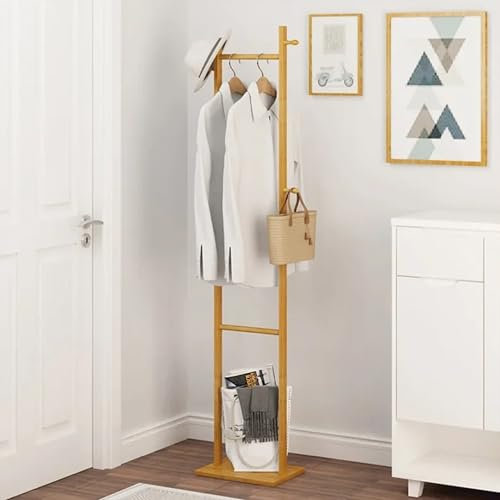 UUE Garderobenständer, Kleiderständer aus Bambus, Freistehende Garderobenständer mit 3 Haken & Ablagen, 163 cm hoch Kleiderständer Stabil für Mäntel, Hüte, Taschen, Eingangsbereich, Flur, Schlafzimmer