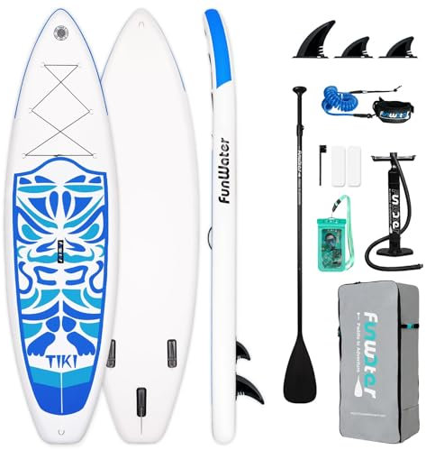 FunWater Aufblasbares Stand Up Paddle Board Multifunktionale Paddelboards mit Flossen, Knochleine, SUP Pump, Paddel, Sup-Rucksack, Für Erwachsene und Aller Könnensstufen (10'6-Tiki BLAU)