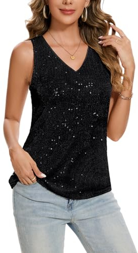 Kyzoeyou Damen Ärmellos Tunika Glitzer Tank Top Elegant Festlich Oberteil V-Ausschnitt Blusentop (Schwarz L)