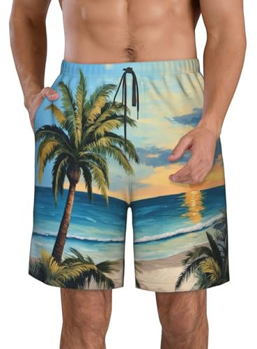 Costume da bagno da uomo con stampa oceano e palme su mare blu con 3 tasche, bianco, L